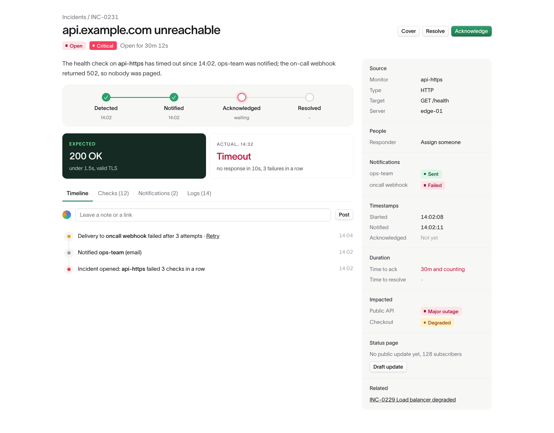 An incident with its timeline and notifications